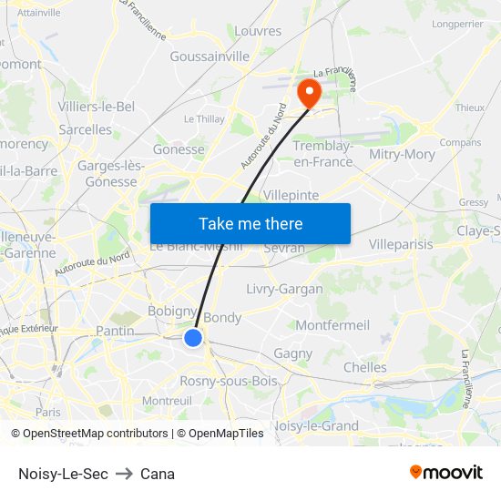 Noisy-Le-Sec to Cana map