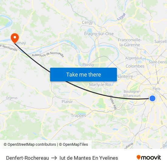 Denfert-Rochereau to Iut de Mantes En Yvelines map