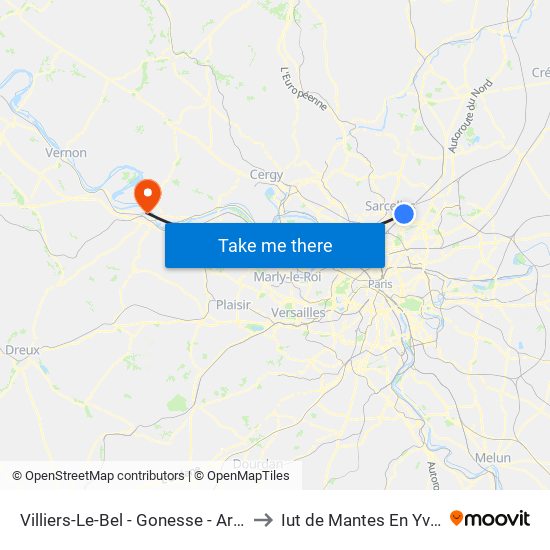 Villiers-Le-Bel - Gonesse - Arnouville to Iut de Mantes En Yvelines map