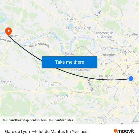 Gare de Lyon to Iut de Mantes En Yvelines map