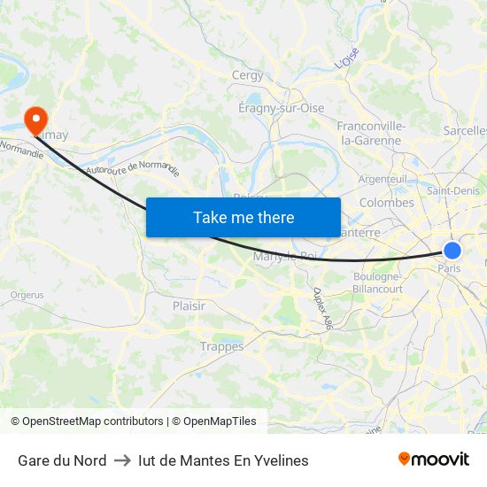 Gare du Nord to Iut de Mantes En Yvelines map