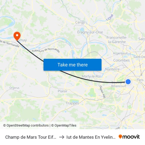Champ de Mars Tour Eiffel to Iut de Mantes En Yvelines map