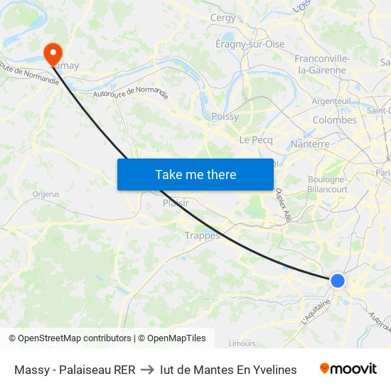 Massy - Palaiseau RER to Iut de Mantes En Yvelines map