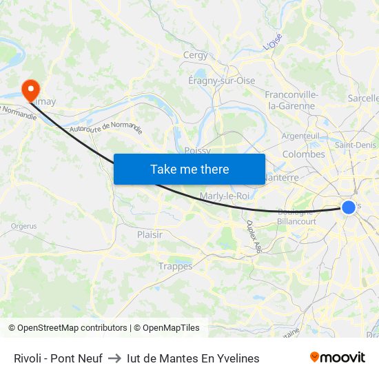 Rivoli - Pont Neuf to Iut de Mantes En Yvelines map