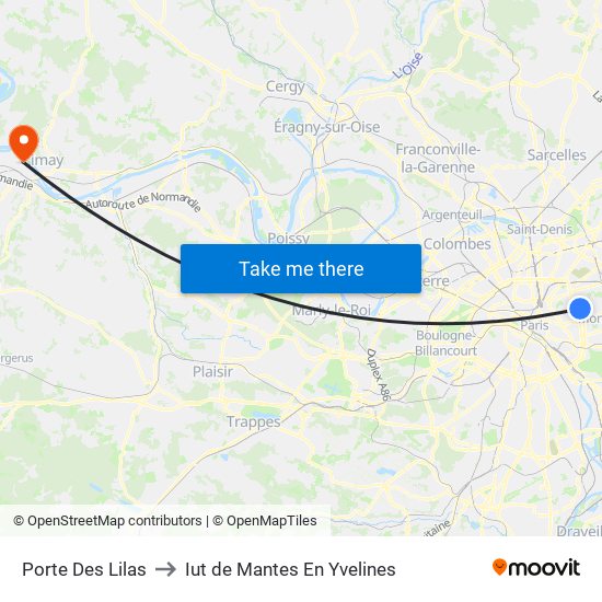 Porte Des Lilas to Iut de Mantes En Yvelines map