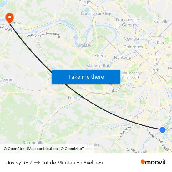 Juvisy RER to Iut de Mantes En Yvelines map