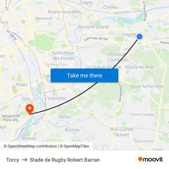 Torcy to Stade de Rugby Robert Barran map