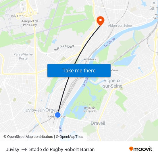 Juvisy to Stade de Rugby Robert Barran map