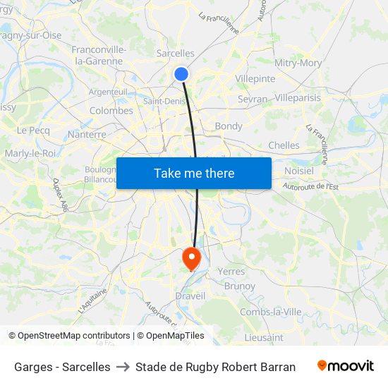Garges - Sarcelles to Stade de Rugby Robert Barran map