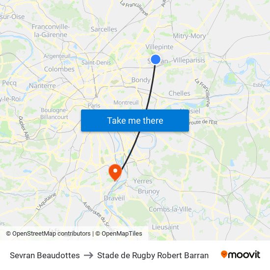Sevran Beaudottes to Stade de Rugby Robert Barran map