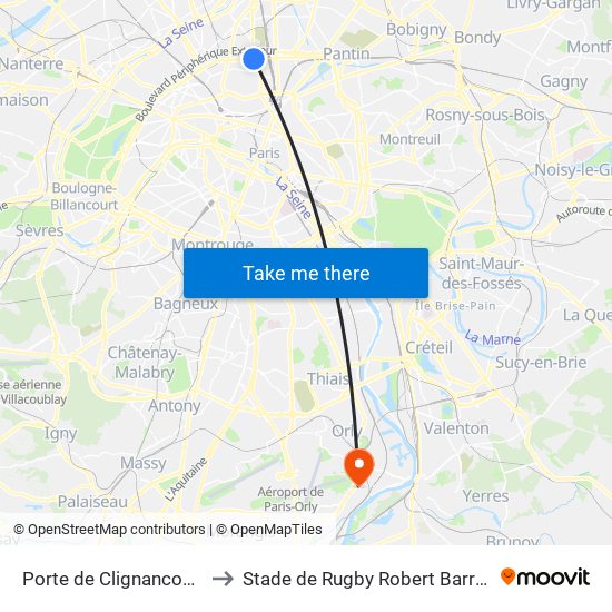 Porte de Clignancourt to Stade de Rugby Robert Barran map