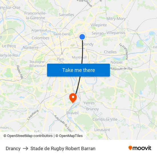 Drancy to Stade de Rugby Robert Barran map
