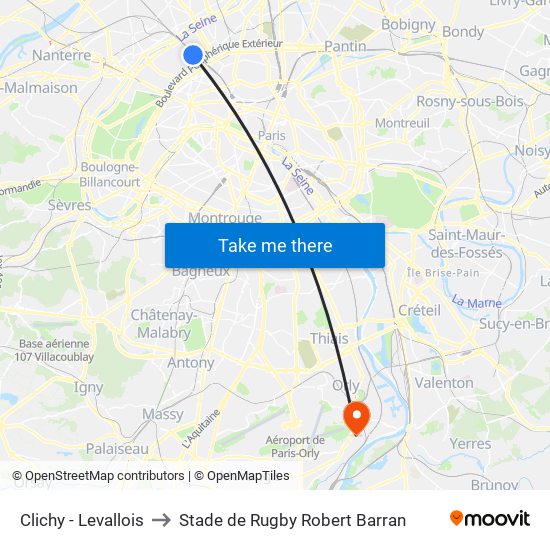 Clichy - Levallois to Stade de Rugby Robert Barran map