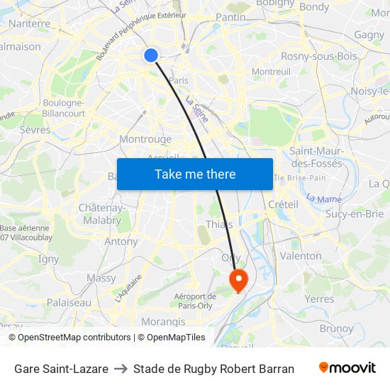 Gare Saint-Lazare to Stade de Rugby Robert Barran map