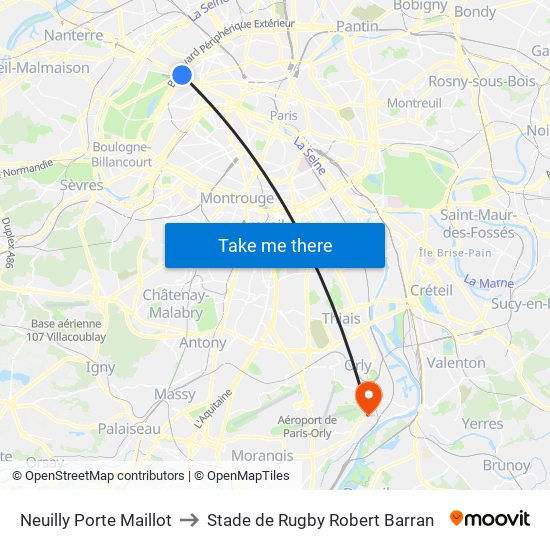 Neuilly Porte Maillot to Stade de Rugby Robert Barran map