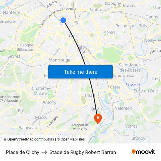 Place de Clichy to Stade de Rugby Robert Barran map