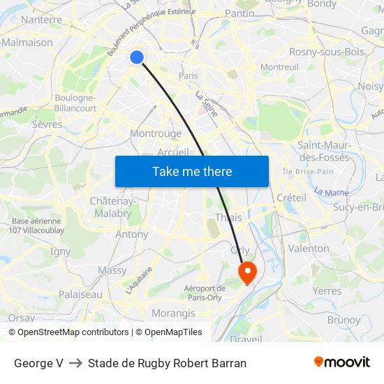 George V to Stade de Rugby Robert Barran map