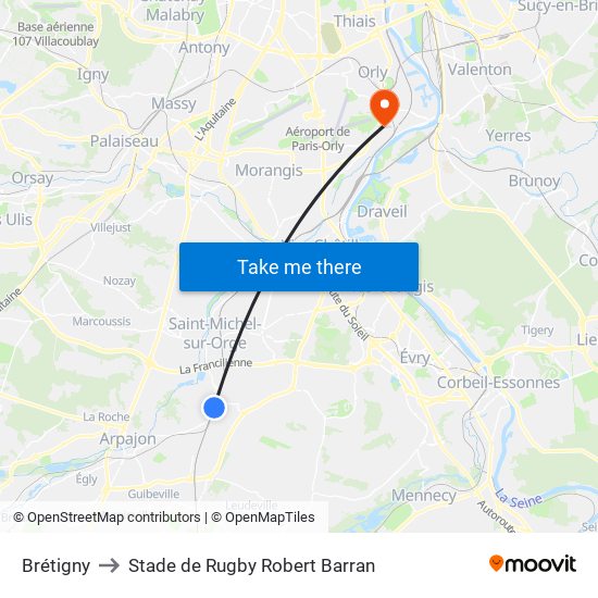 Brétigny to Stade de Rugby Robert Barran map