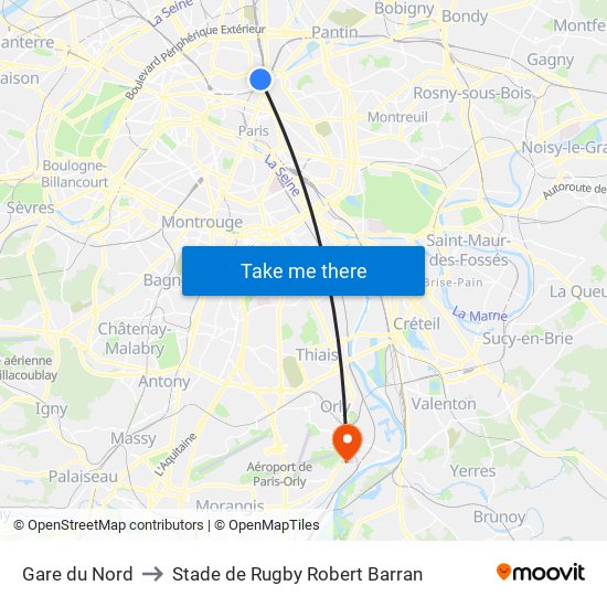 Gare du Nord to Stade de Rugby Robert Barran map