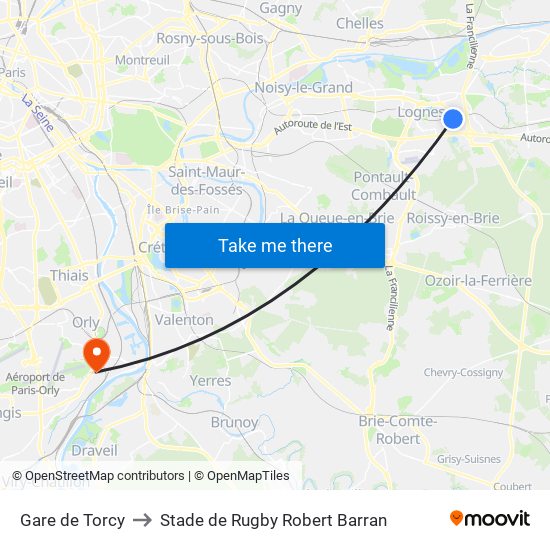 Gare de Torcy to Stade de Rugby Robert Barran map