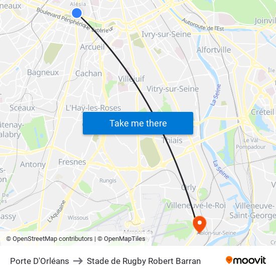Porte D'Orléans to Stade de Rugby Robert Barran map