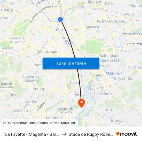 La Fayette - Magenta - Gare du Nord to Stade de Rugby Robert Barran map