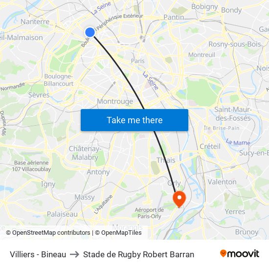 Villiers - Bineau to Stade de Rugby Robert Barran map
