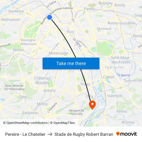 Pereire - Le Chatelier to Stade de Rugby Robert Barran map