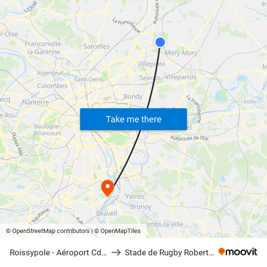 Roissypole - Aéroport Cdg1 (G1) to Stade de Rugby Robert Barran map
