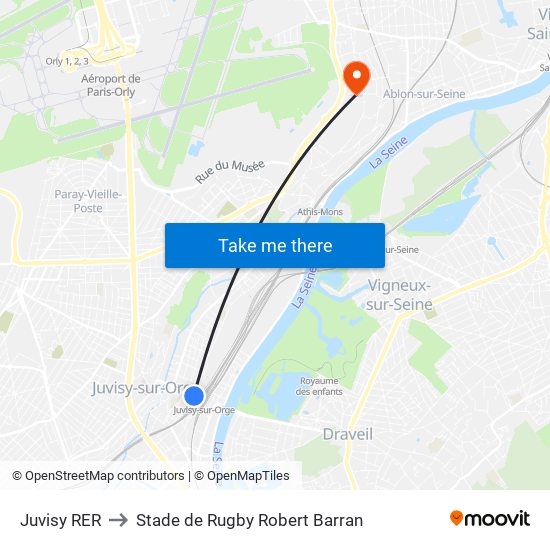 Juvisy RER to Stade de Rugby Robert Barran map