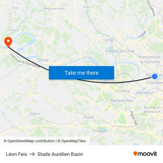 Léon Feix to Stade Aurélien Bazin map