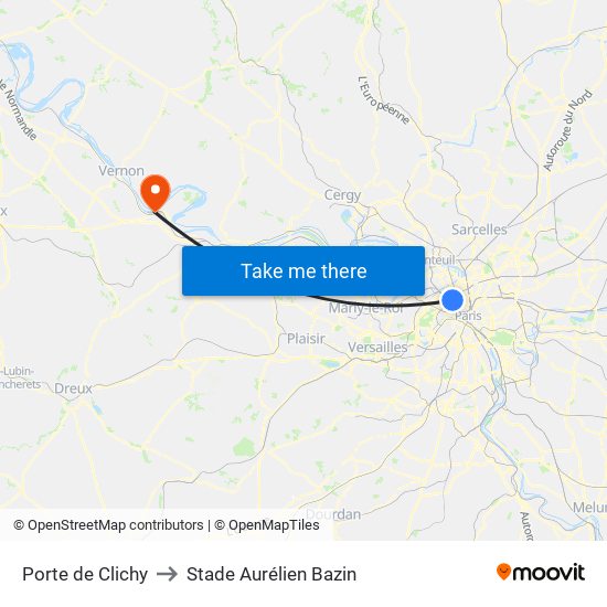 Porte de Clichy to Stade Aurélien Bazin map