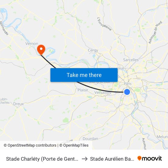 Stade Charléty (Porte de Gentilly) to Stade Aurélien Bazin map