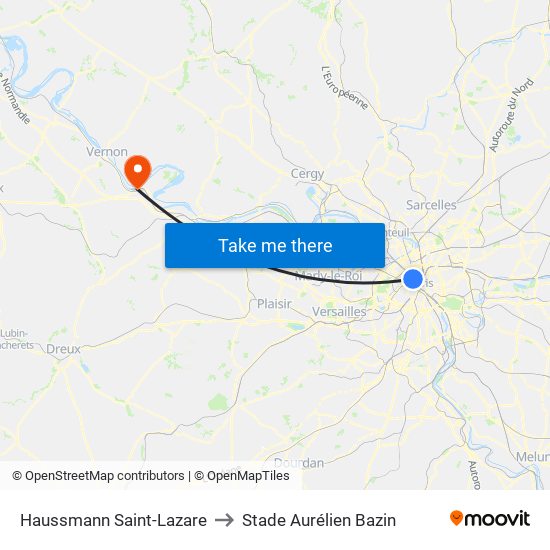 Haussmann Saint-Lazare to Stade Aurélien Bazin map