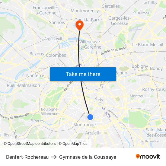 Denfert-Rochereau to Gymnase de la Coussaye map