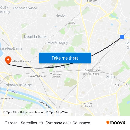 Garges - Sarcelles to Gymnase de la Coussaye map