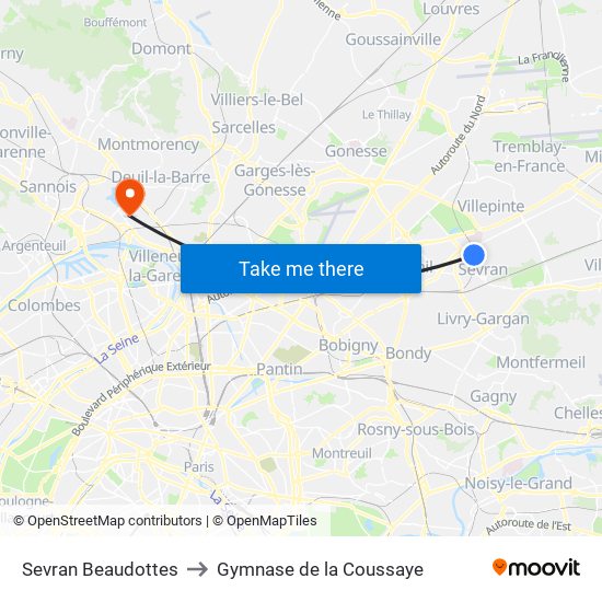 Sevran Beaudottes to Gymnase de la Coussaye map