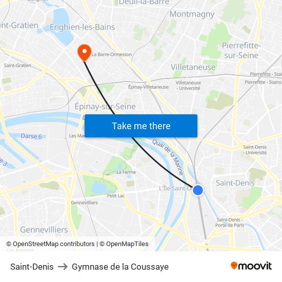 Saint-Denis to Gymnase de la Coussaye map