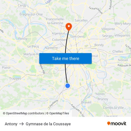 Antony to Gymnase de la Coussaye map