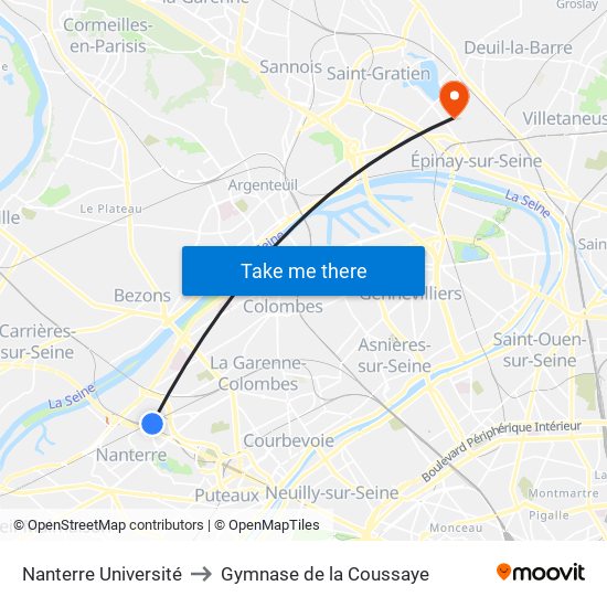 Nanterre Université to Gymnase de la Coussaye map