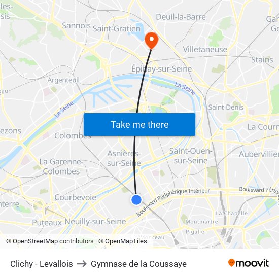 Clichy - Levallois to Gymnase de la Coussaye map