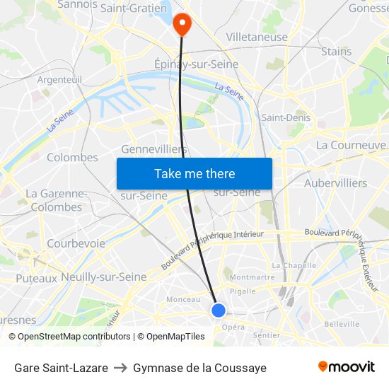 Gare Saint-Lazare to Gymnase de la Coussaye map