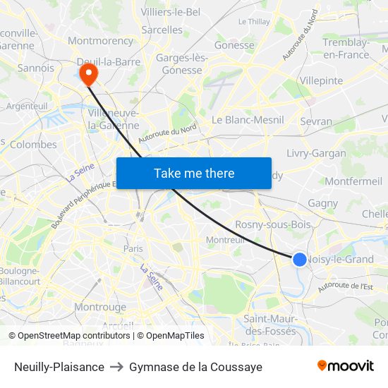 Neuilly-Plaisance to Gymnase de la Coussaye map