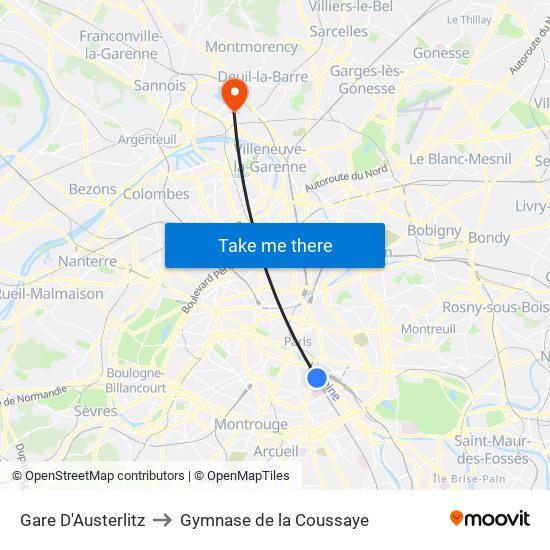 Gare D'Austerlitz to Gymnase de la Coussaye map
