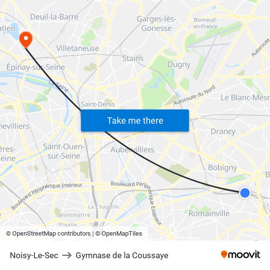 Noisy-Le-Sec to Gymnase de la Coussaye map