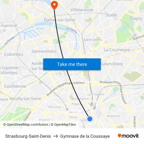 Strasbourg-Saint-Denis to Gymnase de la Coussaye map