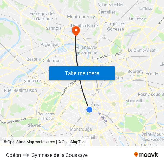 Odéon to Gymnase de la Coussaye map
