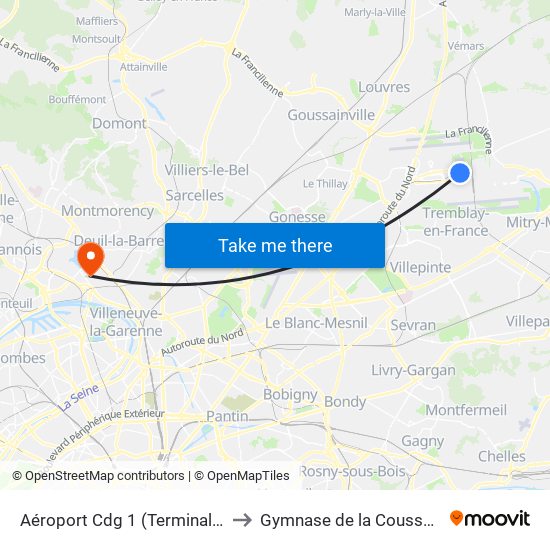 Aéroport Cdg 1 (Terminal 3) to Gymnase de la Coussaye map