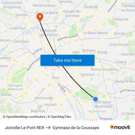 Joinville-Le-Pont RER to Gymnase de la Coussaye map