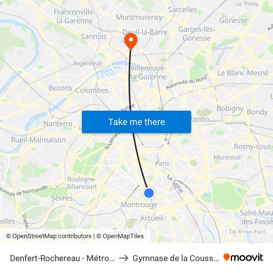 Denfert-Rochereau - Métro-Rer to Gymnase de la Coussaye map